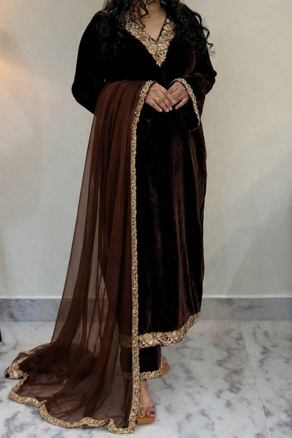 Dark Brown Velvet Kurta Set