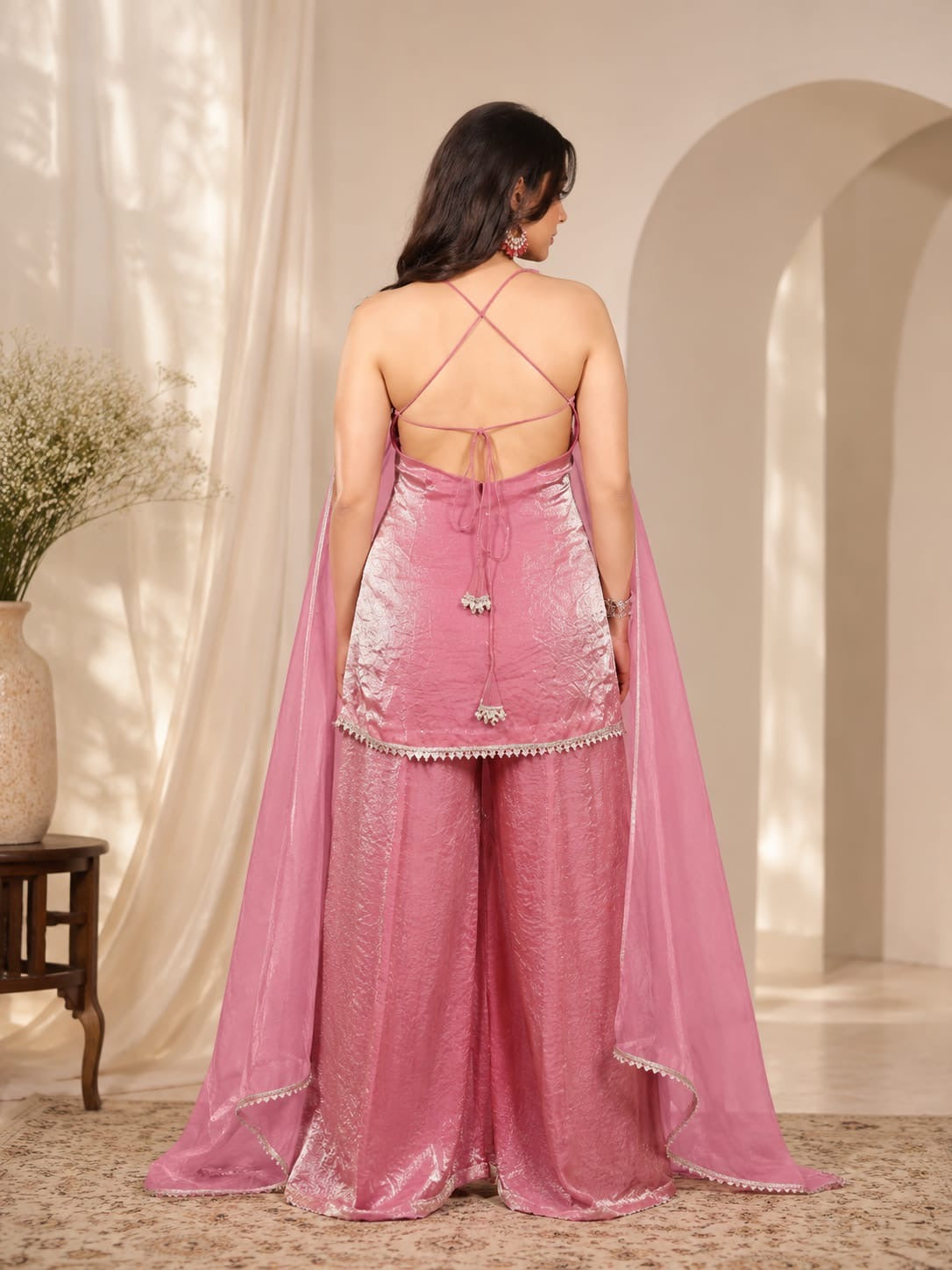 Dusty Rose Tissue Sharara Set