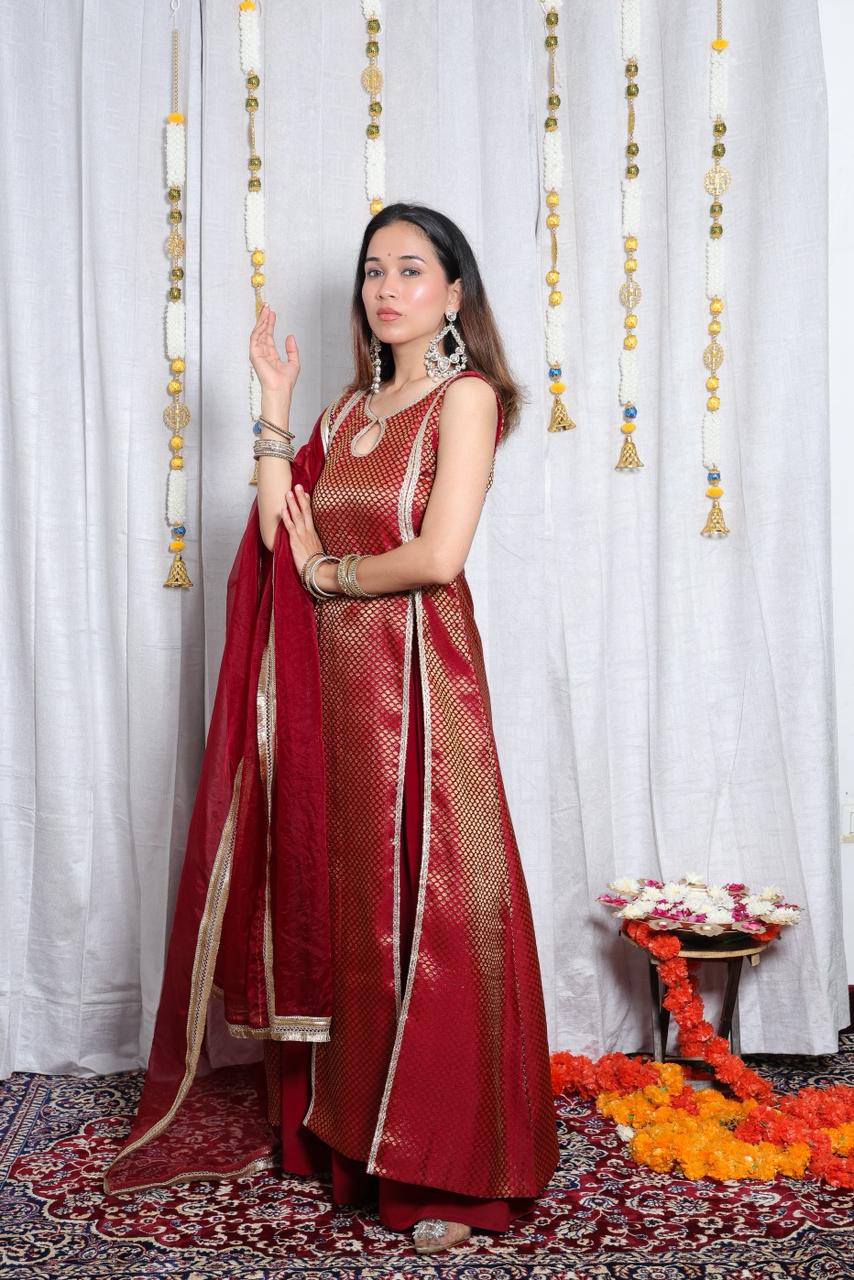 Maroon Brocade Kurta Set