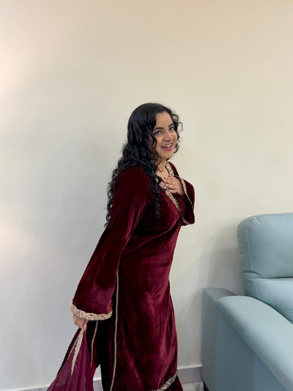 Deep Wine Velvet Kurta Set