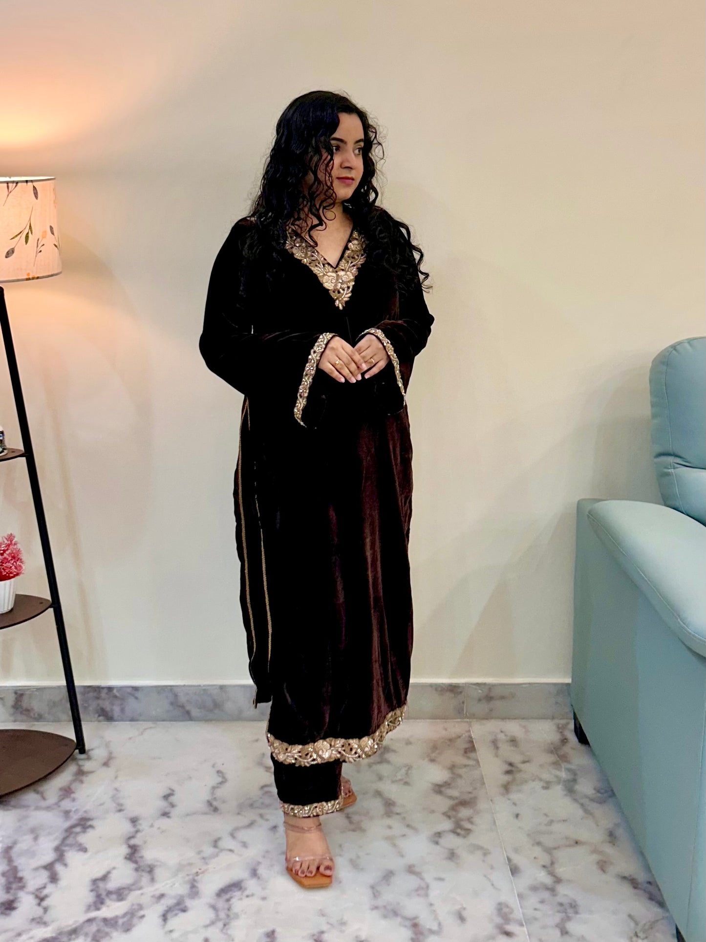 Dark Brown Velvet Kurta Set