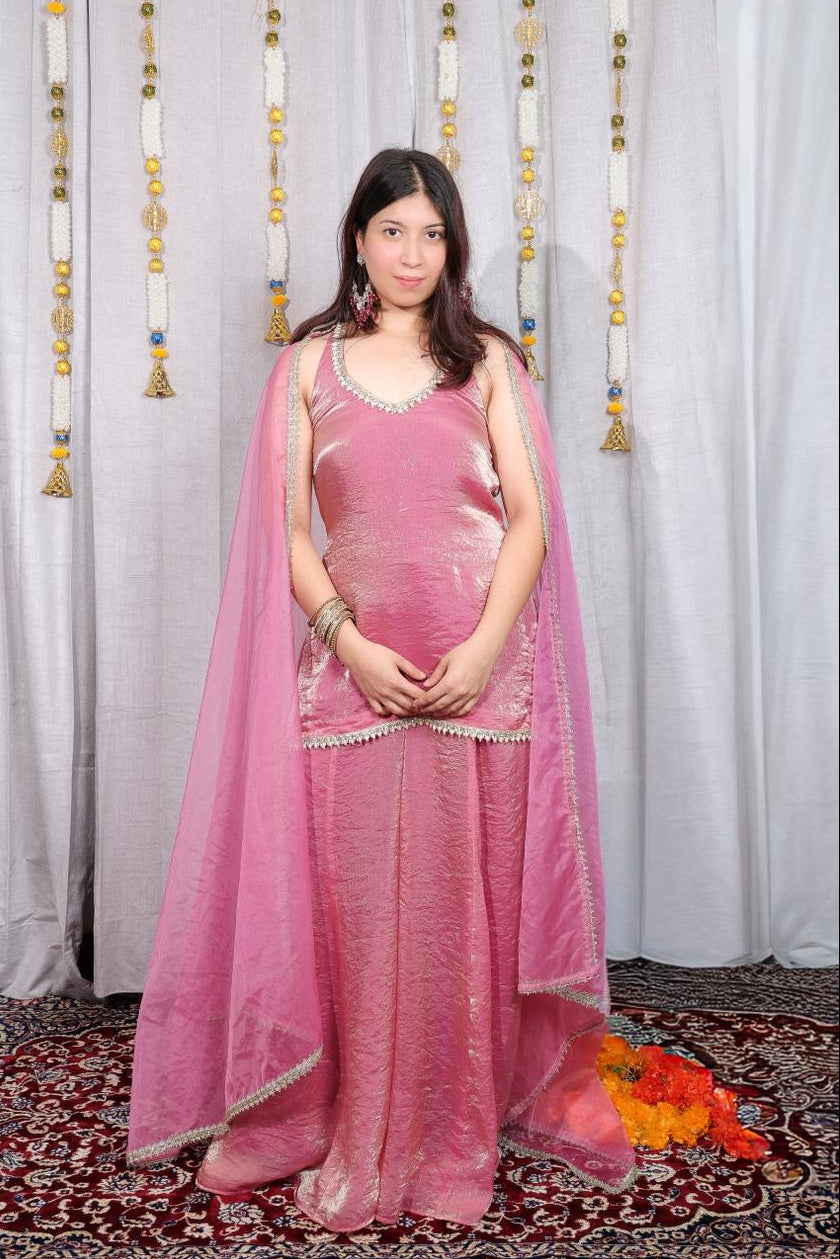 Dusty Rose Tissue Sharara Set