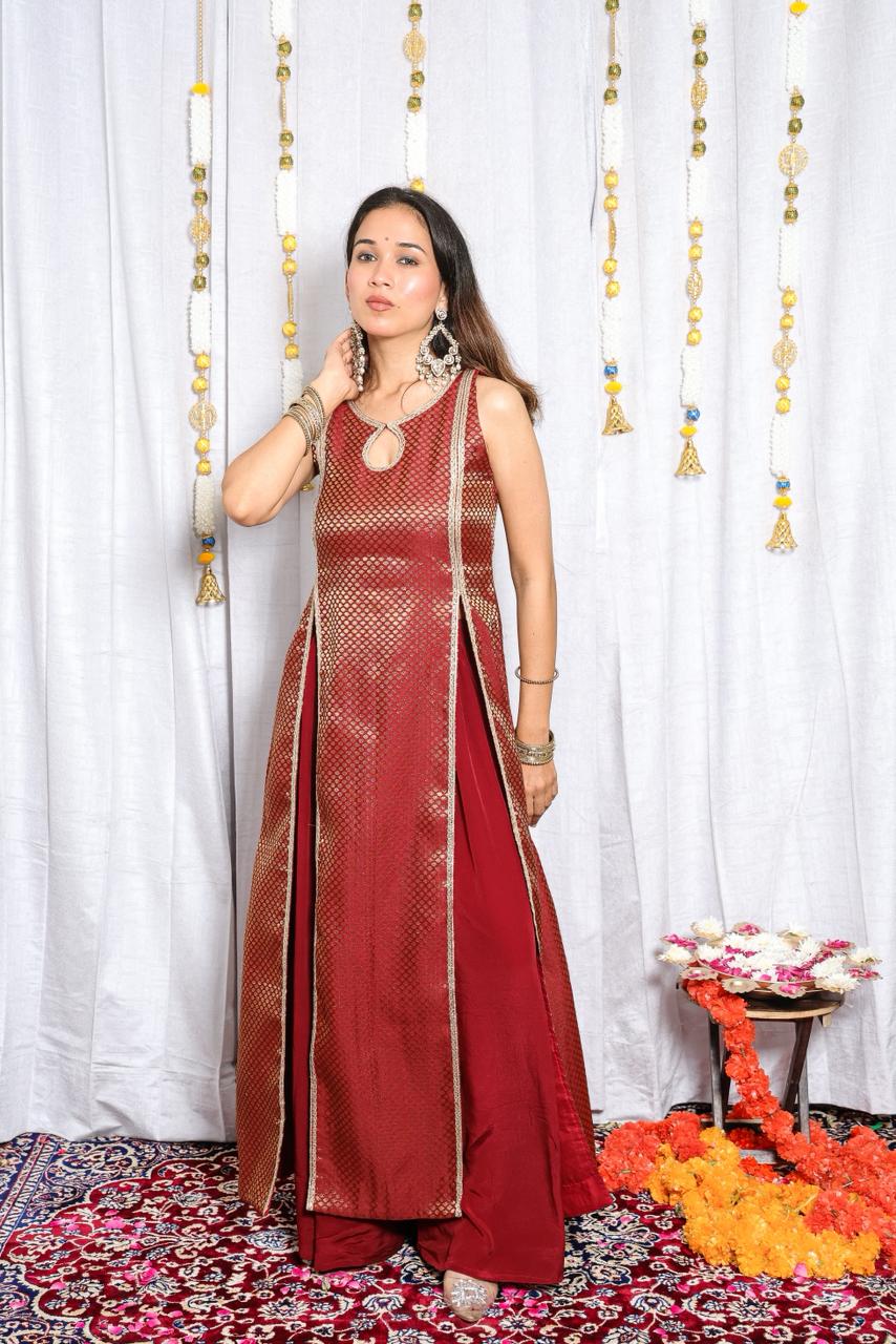 Maroon Brocade Kurta Set