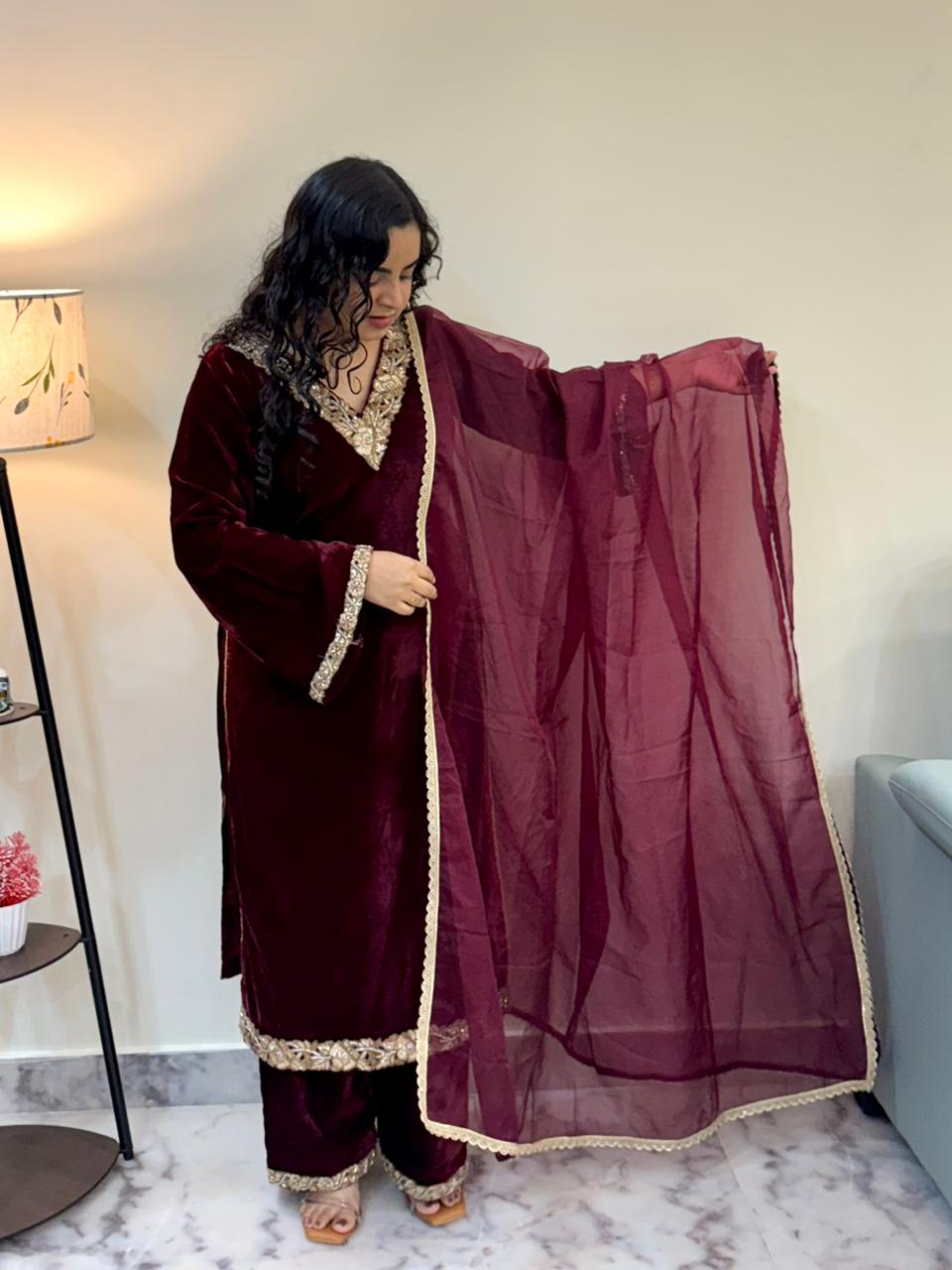 Deep Wine Velvet Kurta Set