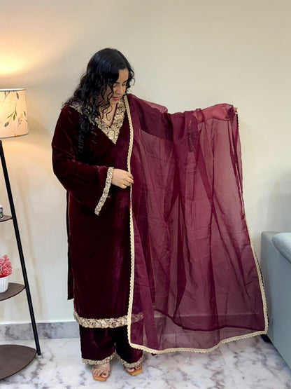Deep Wine Velvet Kurta Set