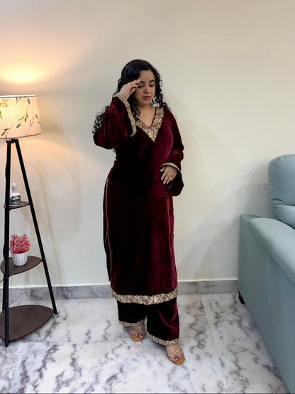 Deep Wine Velvet Kurta Set
