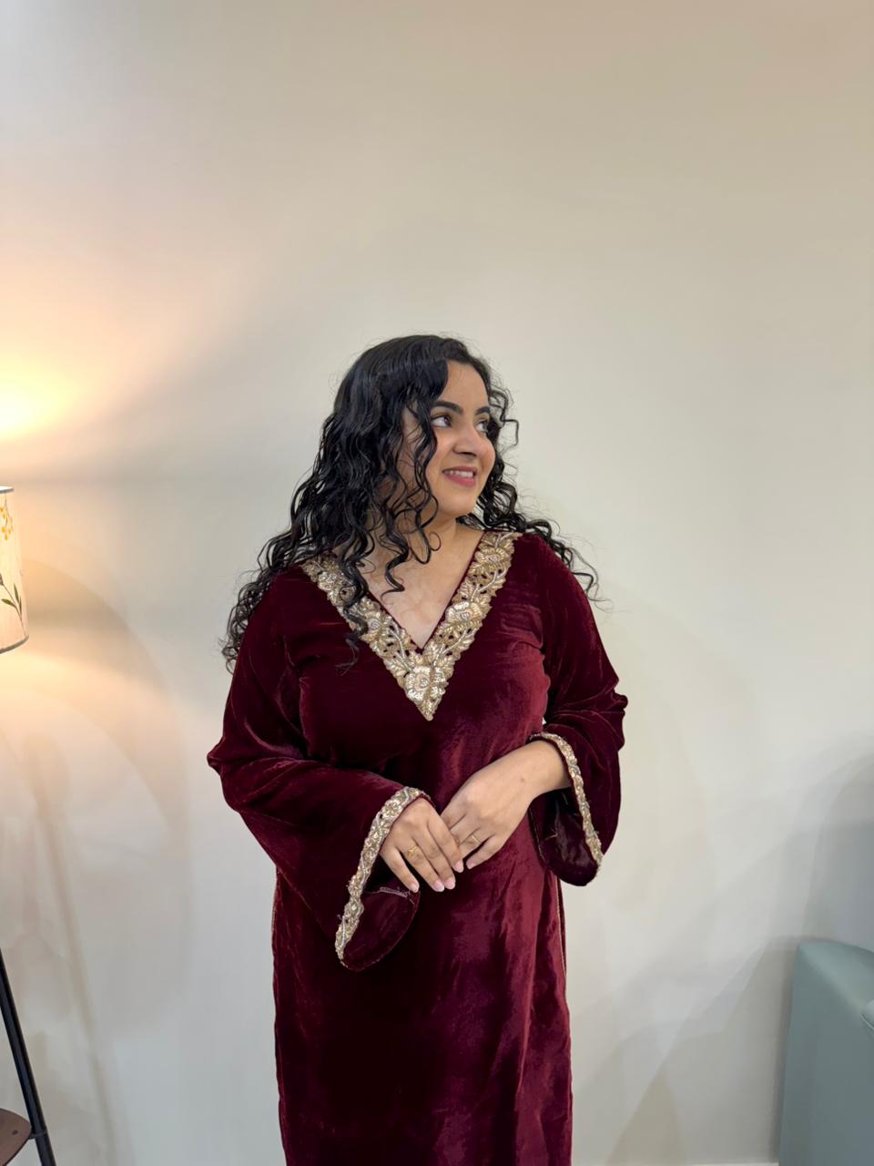 Deep Wine Velvet Kurta Set