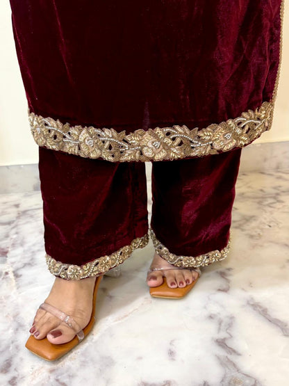 Deep Wine Velvet Kurta Set