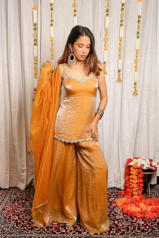 Golden Tissue Sharara Set